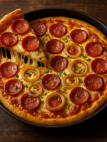 Pizza a jato de calabresa caseira com queijo derretido e borda dourada em assadeira