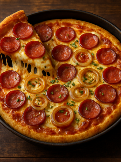 Pizza a jato de calabresa caseira com queijo derretido e borda dourada em assadeira