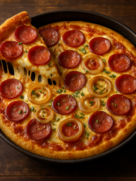 Pizza a jato de calabresa caseira com queijo derretido e borda dourada em assadeira