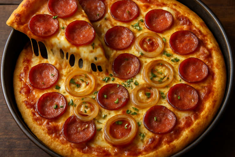 Pizza a jato de calabresa caseira com queijo derretido e borda dourada em assadeira