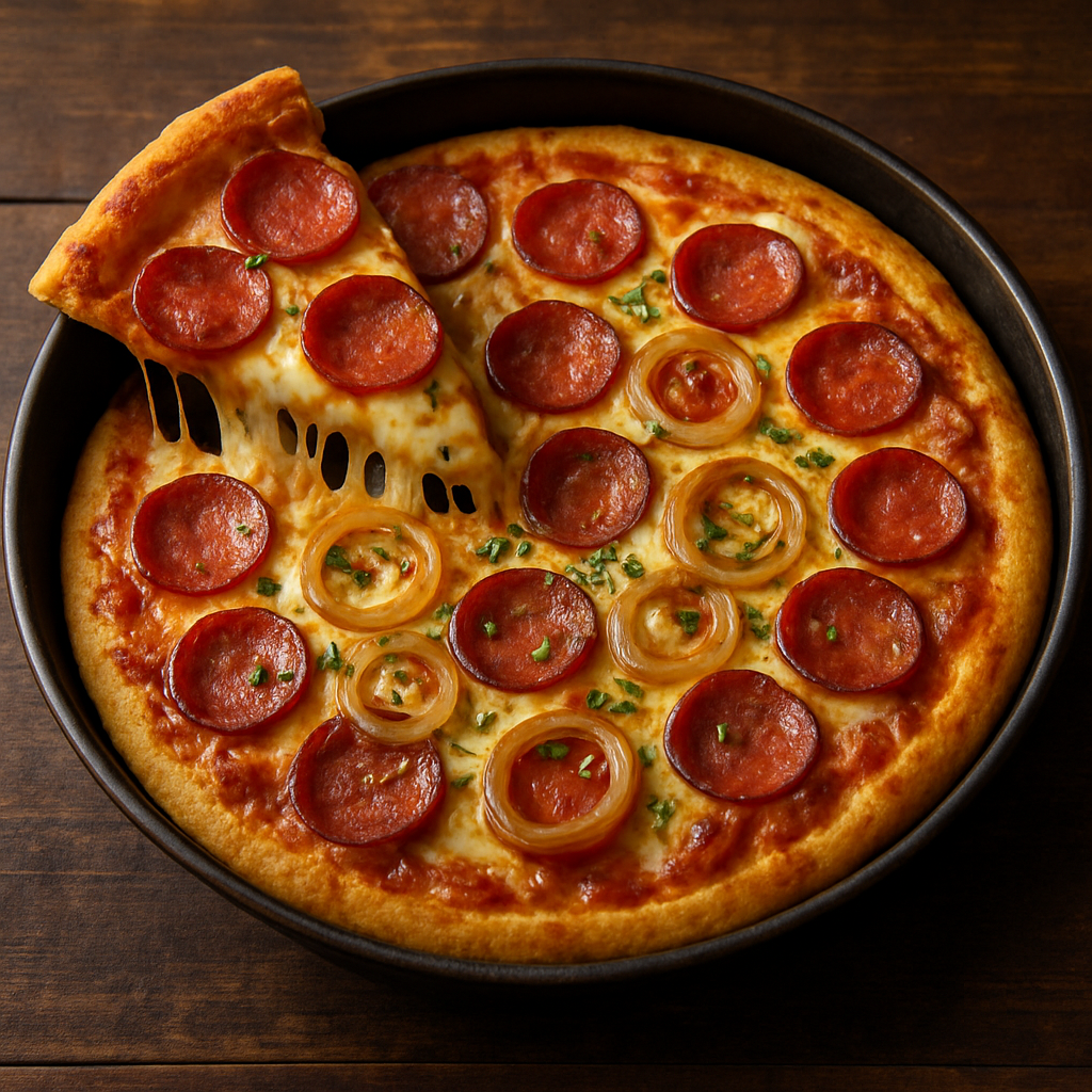 Pizza a jato de calabresa caseira com queijo derretido e borda dourada em assadeira