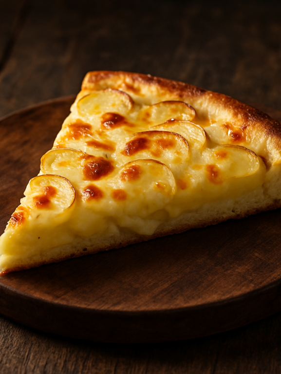 Pizza de batata caseira com massa fofinha e queijo mussarela dourado derretido