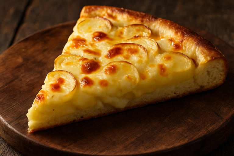 Pizza de batata caseira com massa fofinha e queijo mussarela dourado derretido