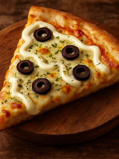 Pizza de mussarela com catupiry da Lane com bordas douradas e queijo derretido, servida em tábua de madeira
