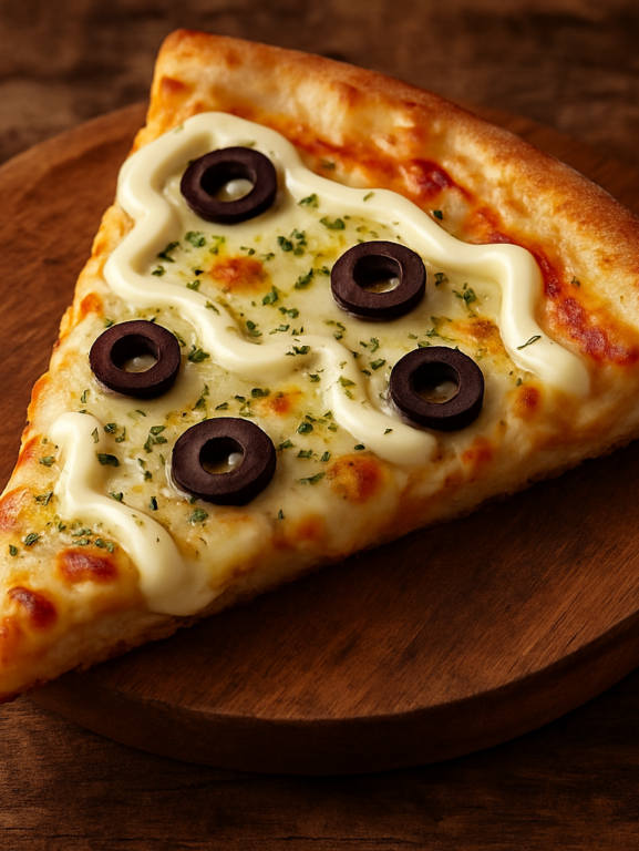 Pizza de mussarela com catupiry da Lane com bordas douradas e queijo derretido, servida em tábua de madeira