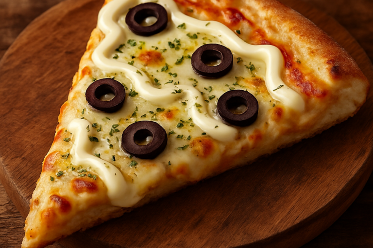 Pizza de mussarela com catupiry da Lane com bordas douradas e queijo derretido, servida em tábua de madeira