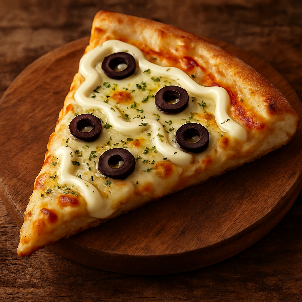 Pizza de mussarela com catupiry da Lane com bordas douradas e queijo derretido, servida em tábua de madeira