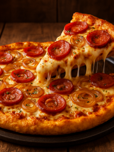 Pizza de pinhão com calabresa, cebola e mussarela derretida servida em forma escura sobre mesa de madeira