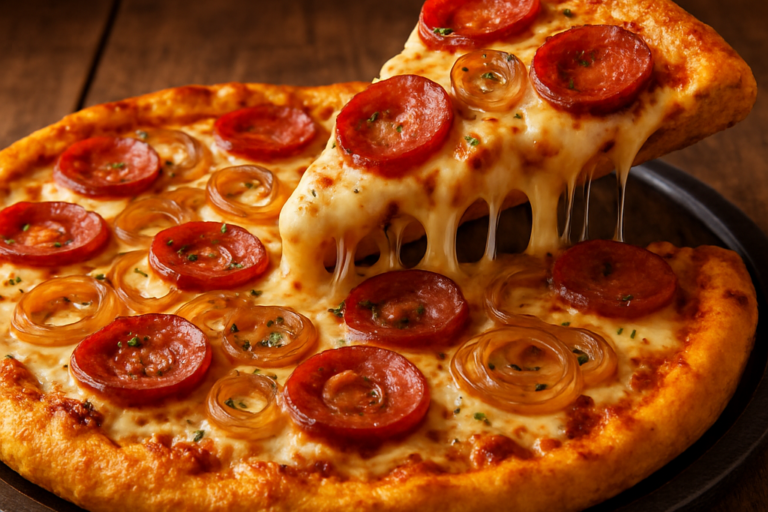 Pizza de pinhão com calabresa, cebola e mussarela derretida servida em forma escura sobre mesa de madeira