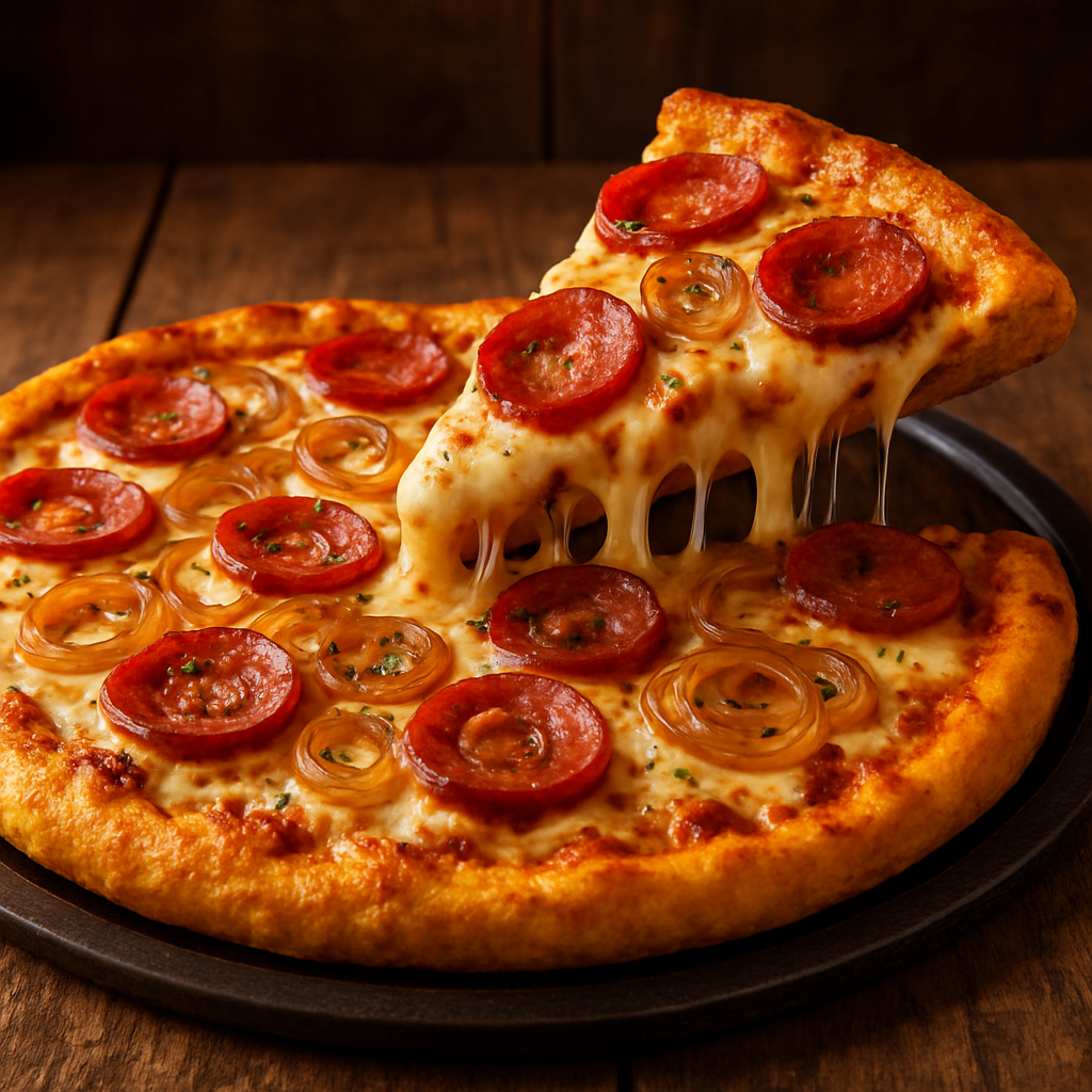 Pizza de pinhão com calabresa, cebola e mussarela derretida servida em forma escura sobre mesa de madeira