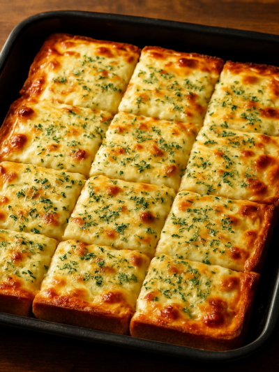 Pizza falsa de pão de forma com queijo derretido e orégano em assadeira