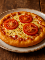 Pizza frita caseira com queijo mussarela derretido, presunto e molho de tomate em prato branco