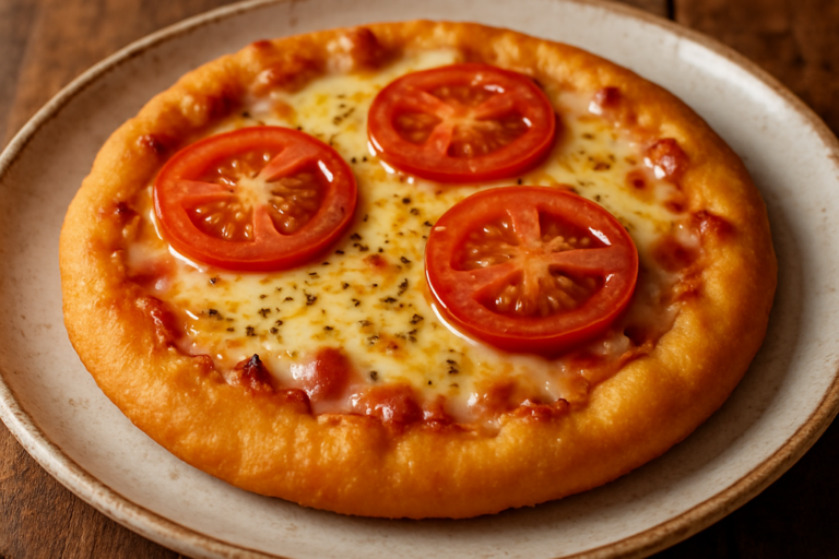 Pizza frita caseira com queijo mussarela derretido, presunto e molho de tomate em prato branco