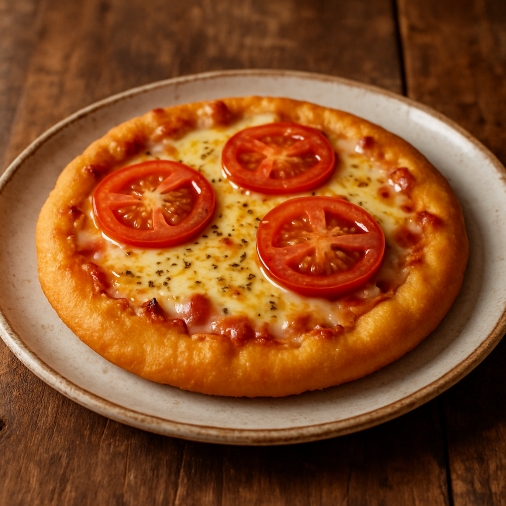 Pizza frita caseira com queijo mussarela derretido, presunto e molho de tomate em prato branco