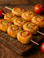 pizza no palito dourada e crocante com queijo derretido sobre tábua de madeira