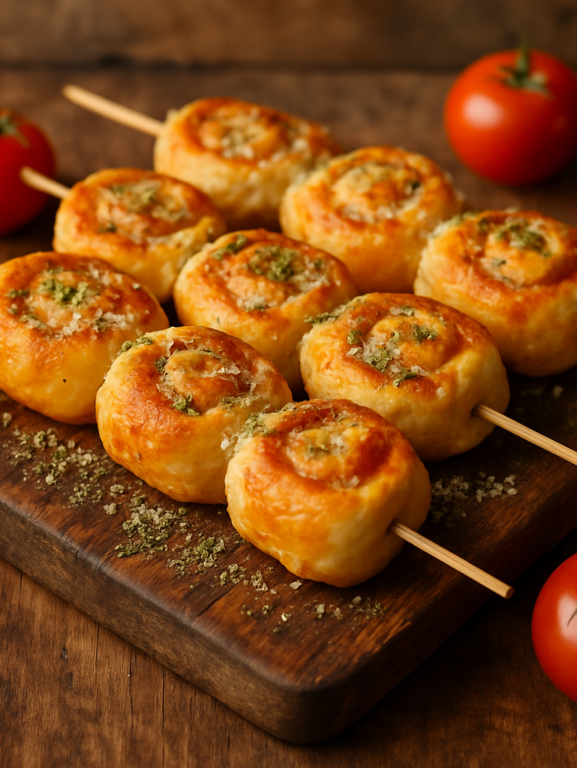 pizza no palito dourada e crocante com queijo derretido sobre tábua de madeira