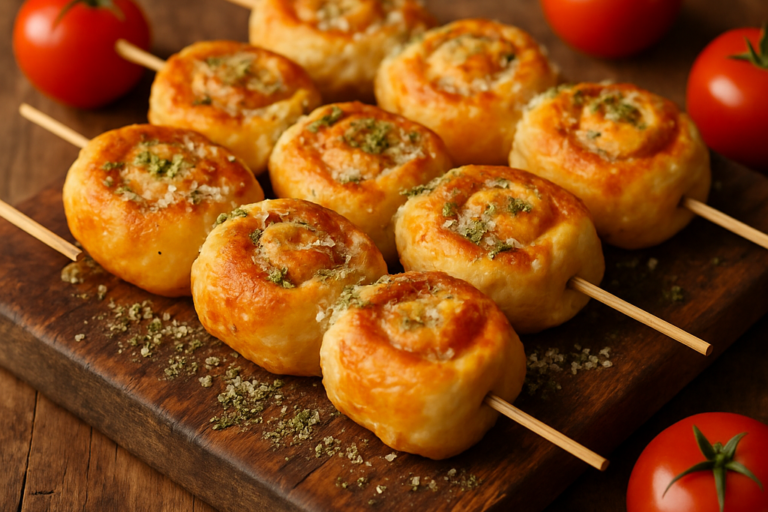 pizza no palito dourada e crocante com queijo derretido sobre tábua de madeira