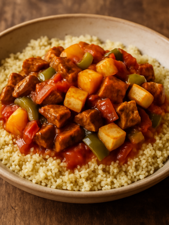 prato vegetariano com abacaxi, seitan e tofu servido sobre cuscuz marroquino em prato fundo