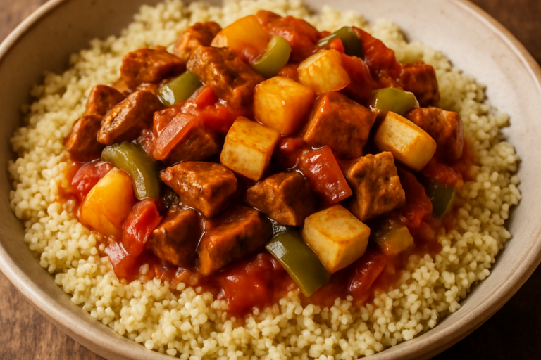 prato vegetariano com abacaxi, seitan e tofu servido sobre cuscuz marroquino em prato fundo