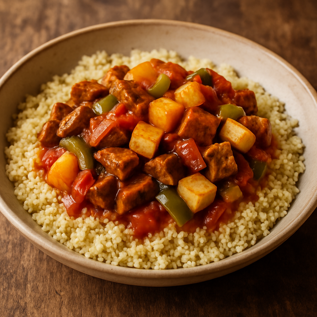 prato vegetariano com abacaxi, seitan e tofu servido sobre cuscuz marroquino em prato fundo