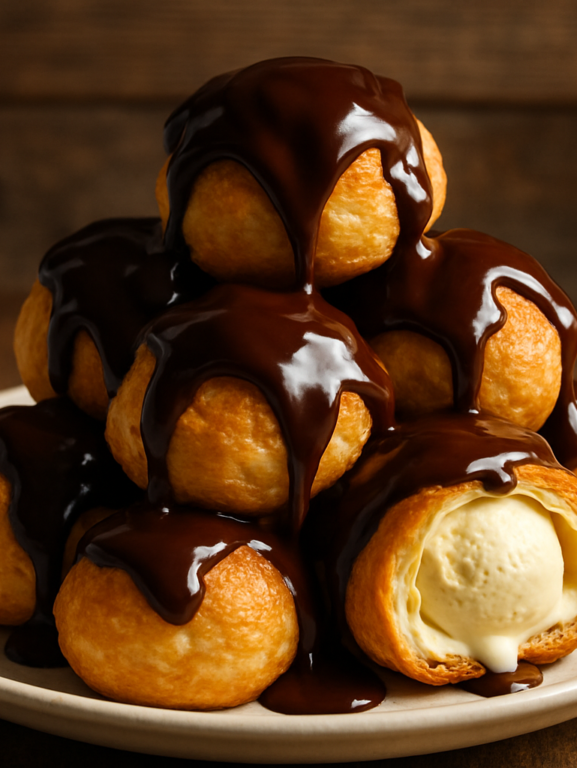 Profiteroles dourados com calda de chocolate brilhante e recheio de sorvete de baunilha em prato branco