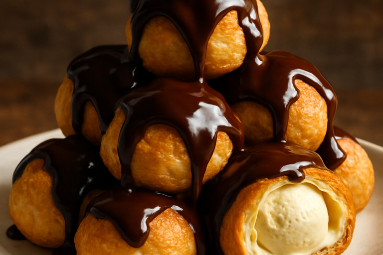 Profiteroles dourados com calda de chocolate brilhante e recheio de sorvete de baunilha em prato branco