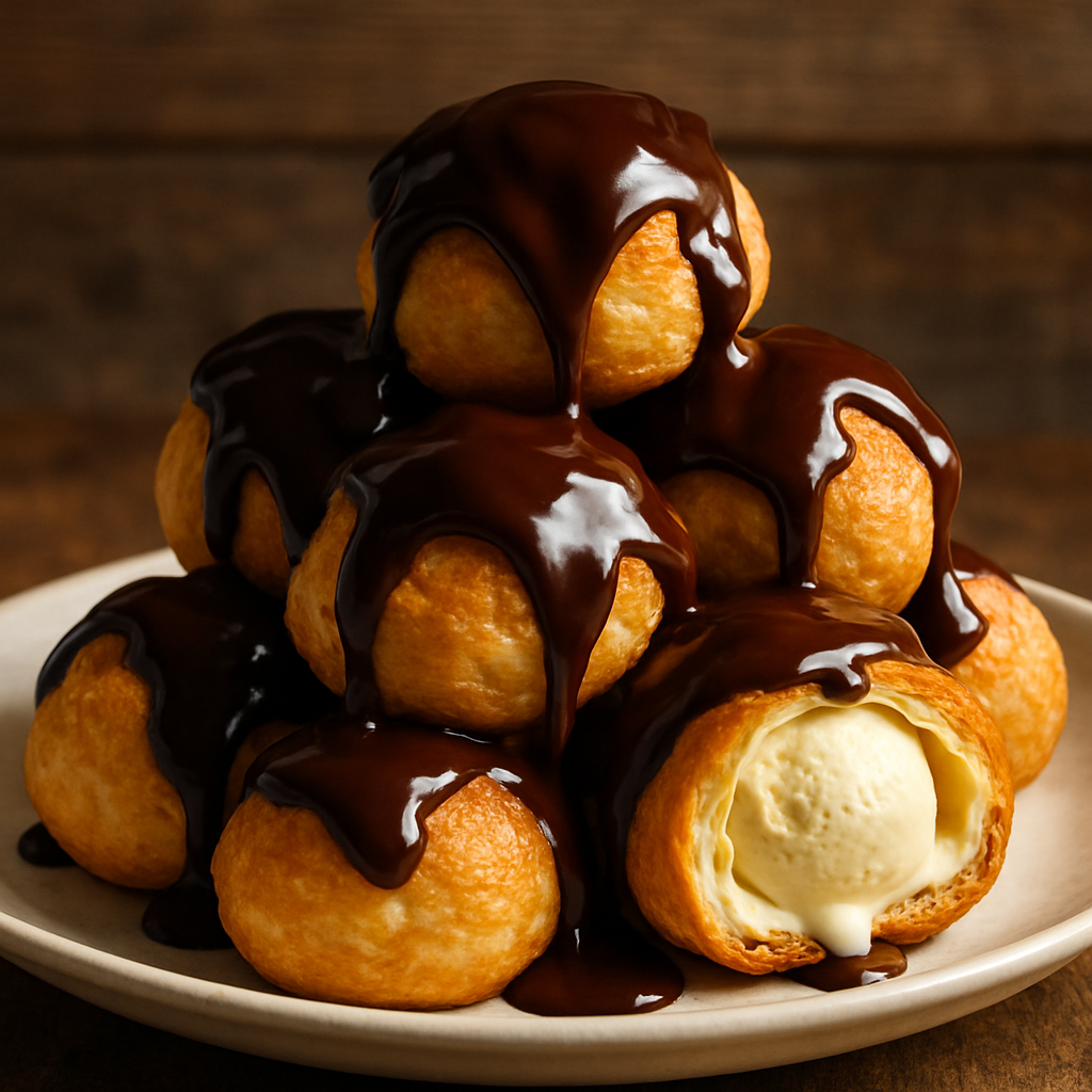 Profiteroles dourados com calda de chocolate brilhante e recheio de sorvete de baunilha em prato branco