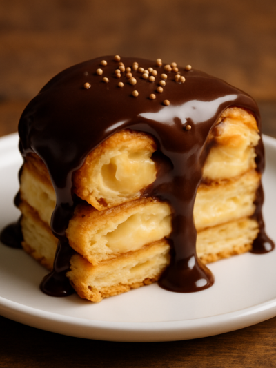 Profiteroles da Adrica em taça de vidro com ganache de chocolate e sorvete de baunilha
