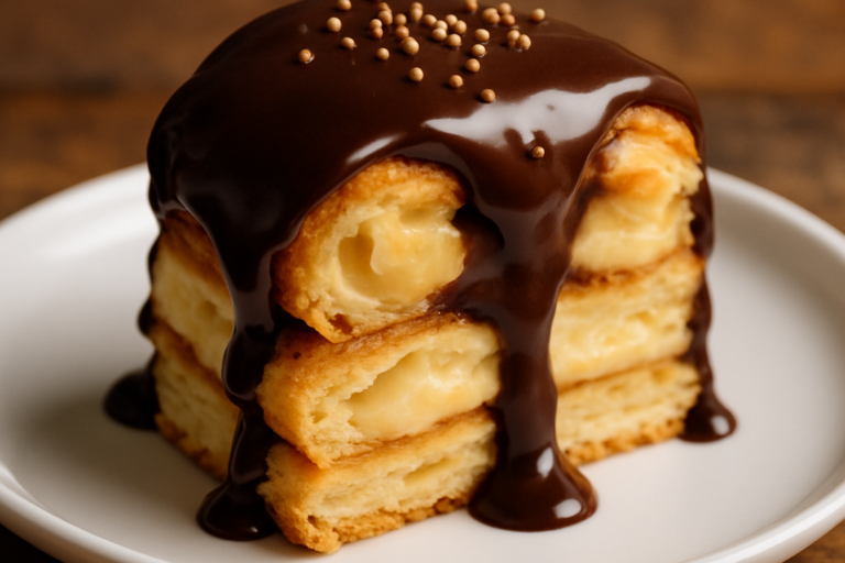 Profiteroles da Adrica em taça de vidro com ganache de chocolate e sorvete de baunilha