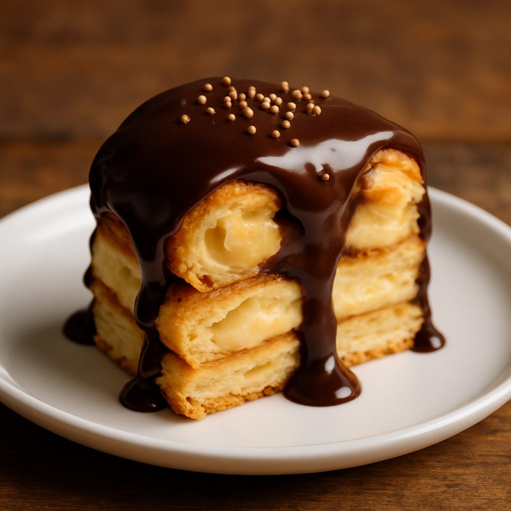 Profiteroles da Adrica em taça de vidro com ganache de chocolate e sorvete de baunilha