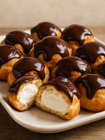 Profiteroles da Nayyara cobertos com ganache de chocolate em travessa branca, recheados com chantilly