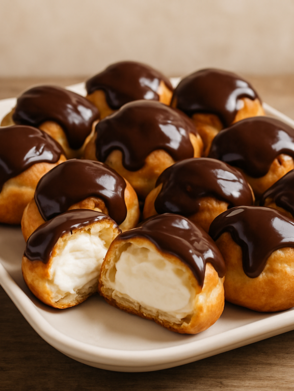 Profiteroles da Nayyara cobertos com ganache de chocolate em travessa branca, recheados com chantilly