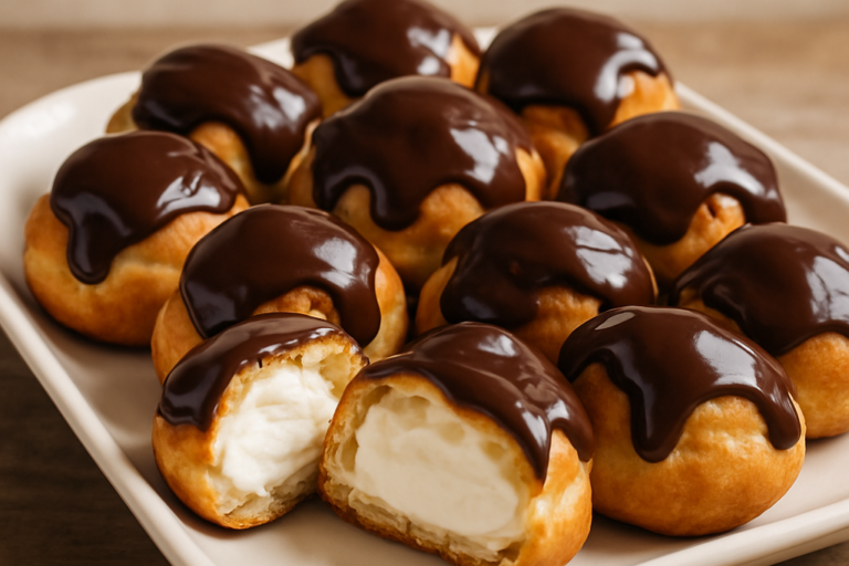 Profiteroles da Nayyara cobertos com ganache de chocolate em travessa branca, recheados com chantilly