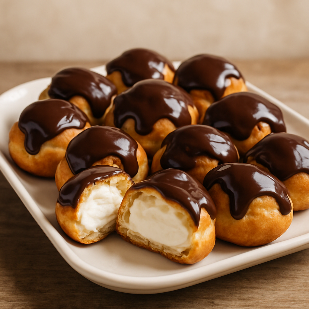 Profiteroles da Nayyara cobertos com ganache de chocolate em travessa branca, recheados com chantilly