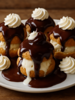 Profiteroles do Marcos com calda de chocolate e chantilly em prato branco