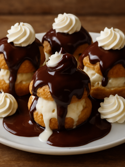 Profiteroles do Marcos com calda de chocolate e chantilly em prato branco