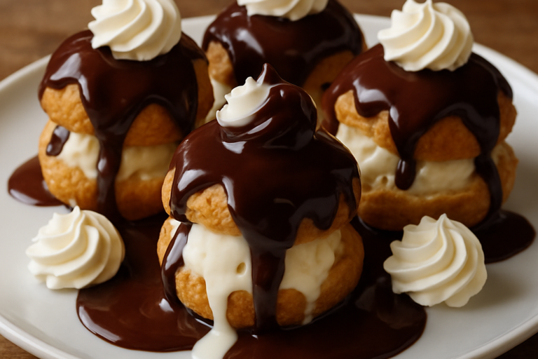 Profiteroles do Marcos com calda de chocolate e chantilly em prato branco