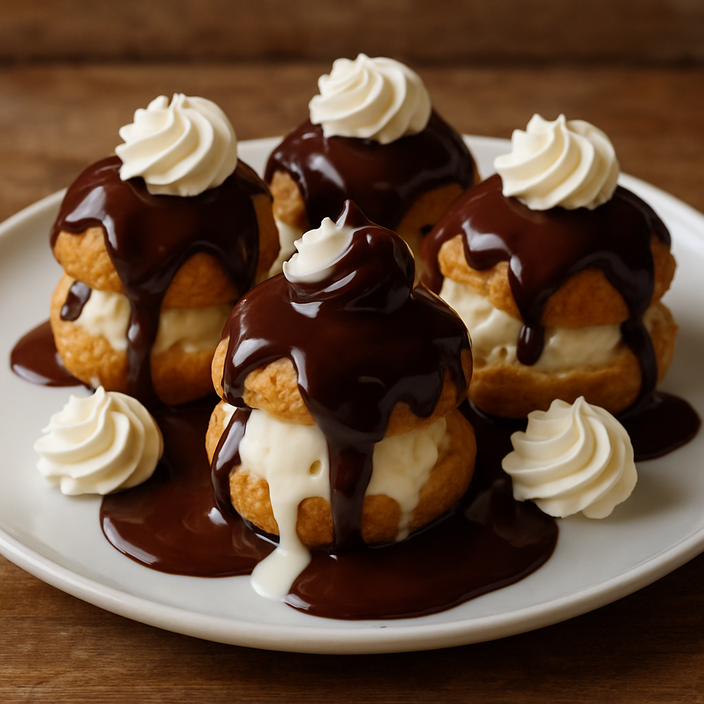 Profiteroles do Marcos com calda de chocolate e chantilly em prato branco