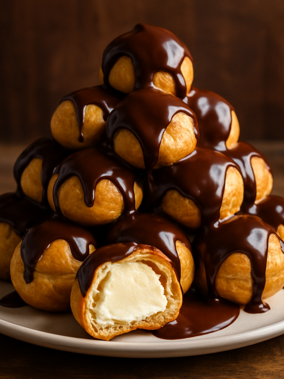 profiteroles fácil cobertos com ganache de chocolate em prato branco, recheados com sorvete de creme