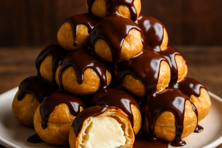 profiteroles fácil cobertos com ganache de chocolate em prato branco, recheados com sorvete de creme