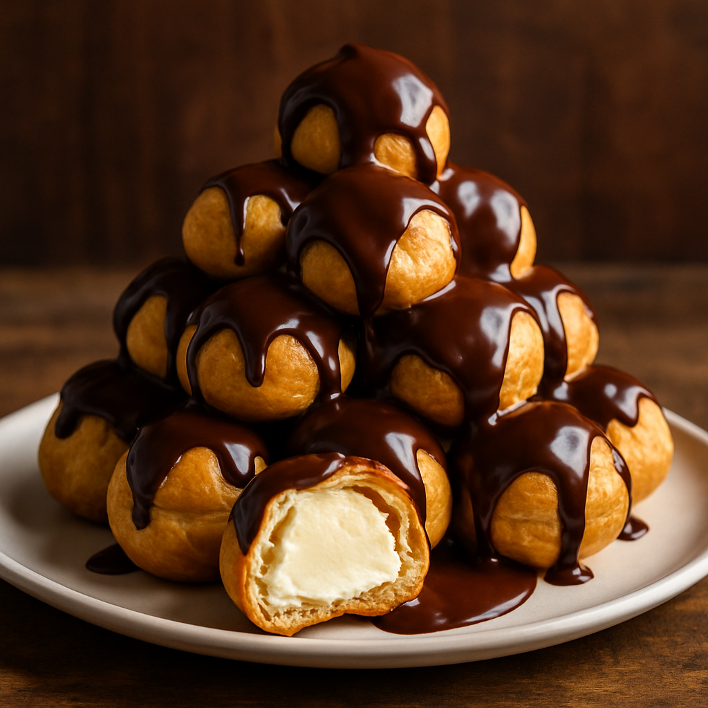 profiteroles fácil cobertos com ganache de chocolate em prato branco, recheados com sorvete de creme
