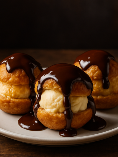 profiteroles dourados recheados com sorvete e cobertos com calda de chocolate em prato branco