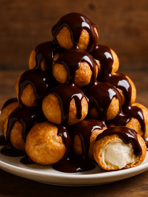profiteroles dourados com calda de chocolate e recheio de sorvete em prato branco