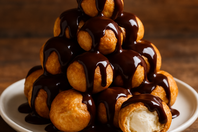 profiteroles dourados com calda de chocolate e recheio de sorvete em prato branco