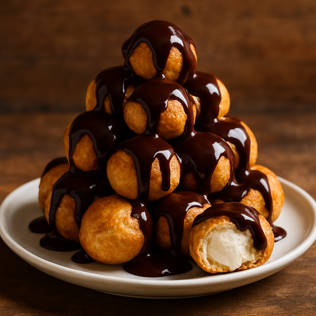 profiteroles dourados com calda de chocolate e recheio de sorvete em prato branco