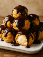profiterolis dourados cobertos com calda de chocolate e recheados com sorvete de baunilha em bandeja branca