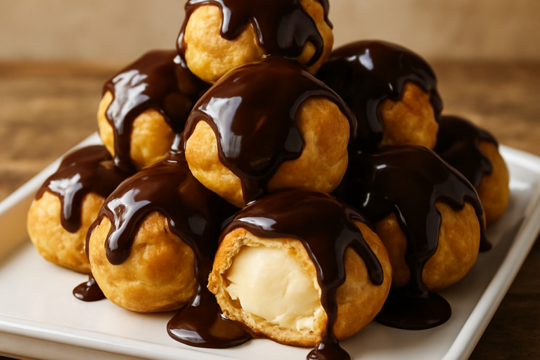 profiterolis dourados cobertos com calda de chocolate e recheados com sorvete de baunilha em bandeja branca