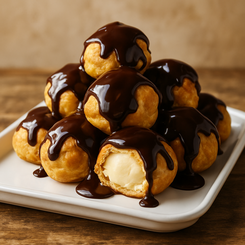 profiterolis dourados cobertos com calda de chocolate e recheados com sorvete de baunilha em bandeja branca