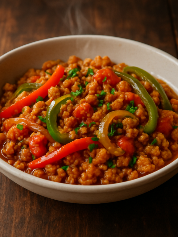 proteína de soja com pimentão e cebola refogados em prato de cerâmica branca com cheiro-verde