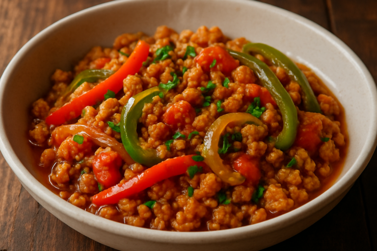 proteína de soja com pimentão e cebola refogados em prato de cerâmica branca com cheiro-verde